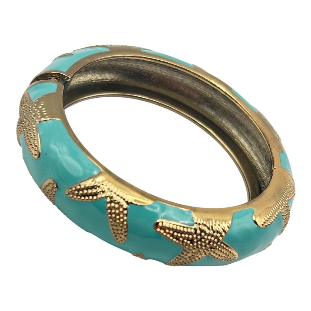 Textured Starfish Enamel Hinge‎ Aqua Gold Toned Bangle Cuff Bracelet Resortwear